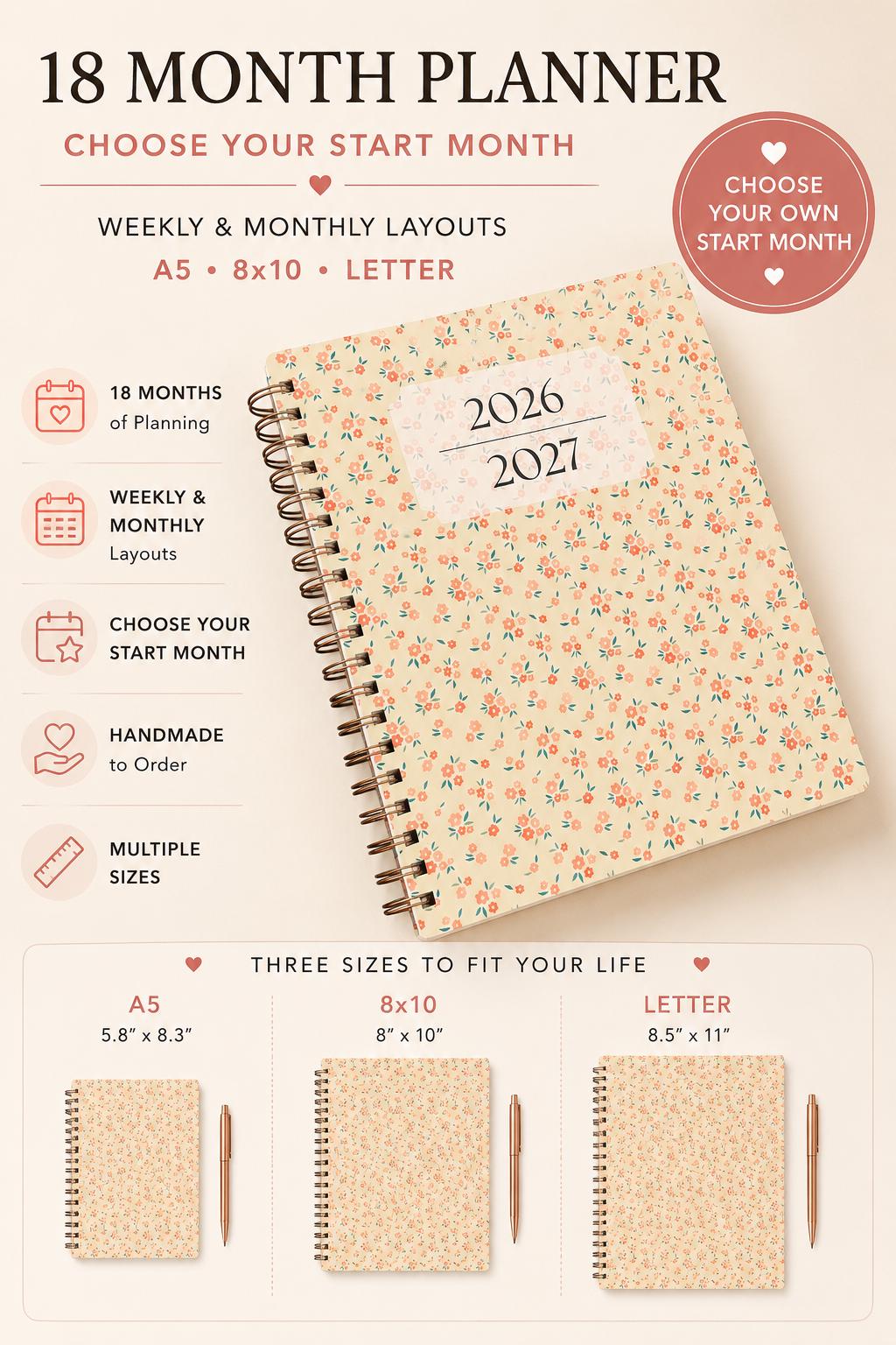 18 Month Planner 2026-2027 | Choose Start Month | Weekly & Monthly | A5, 8x10, Letter